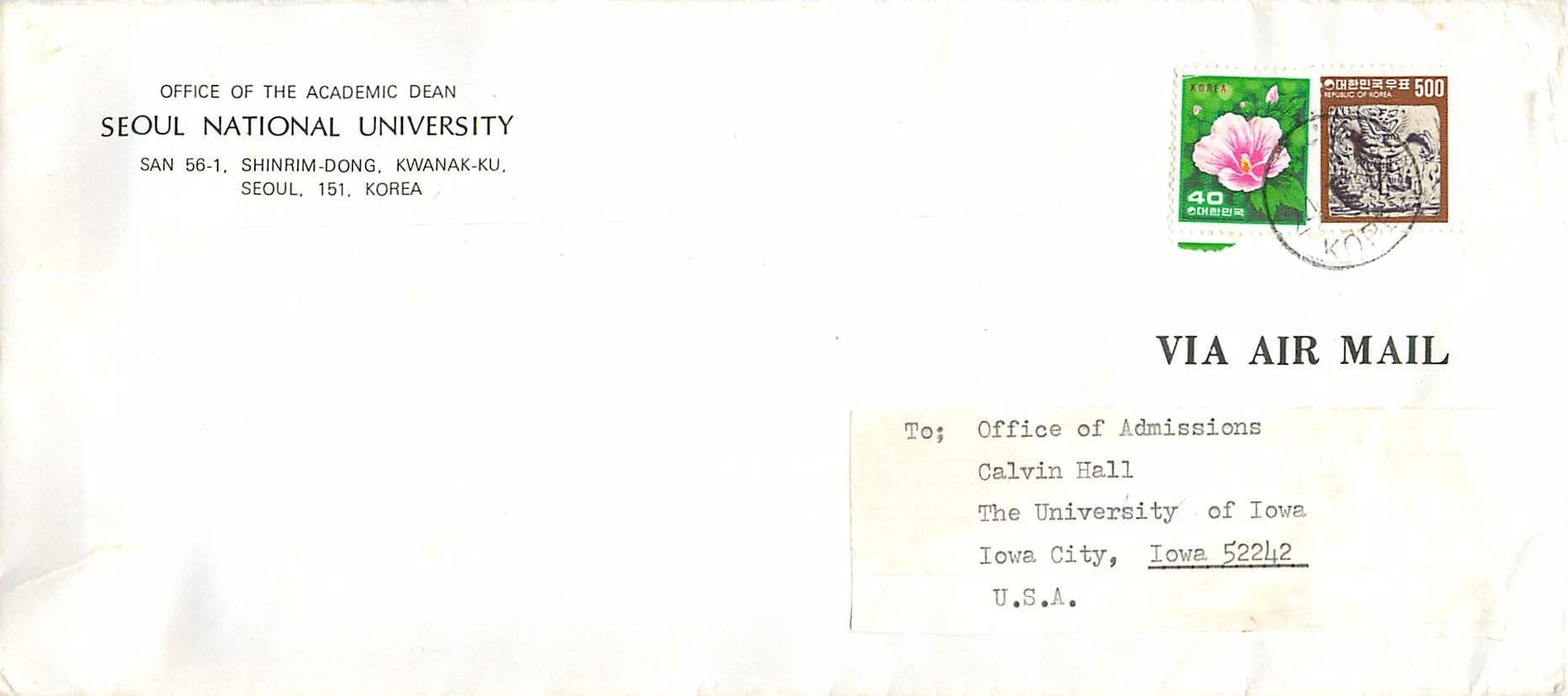 Lettre Cover for University of Iowa Coree