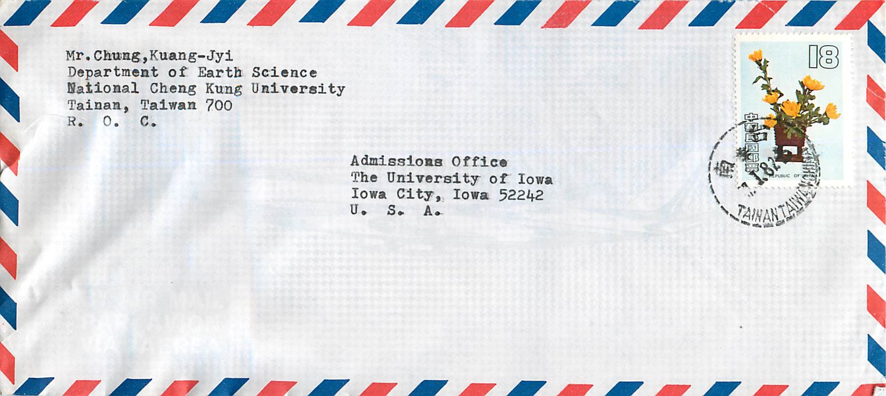 Lettre Cover for University of Iowa Chine