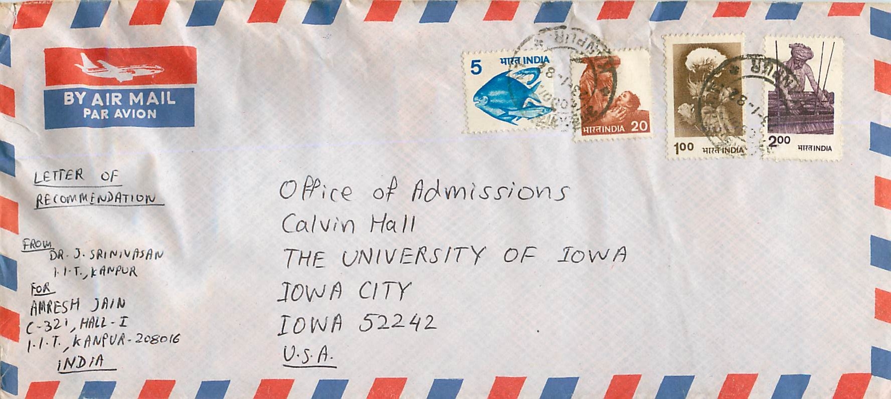 Lettre Cover for University of Iowa Inde India
