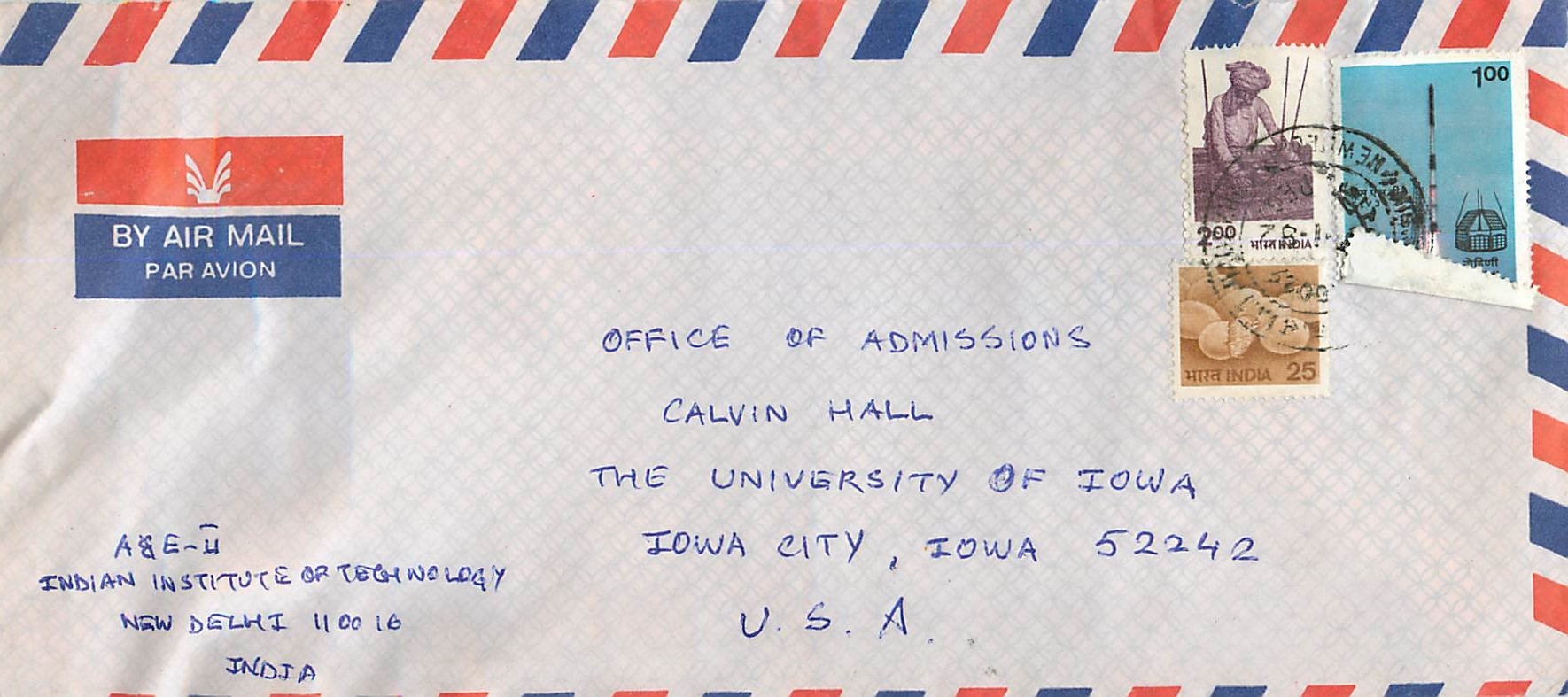 Enveloppe aérienne de l'Indian Institute of Technology à l'Université d'Iowa — timbres et cachet d'envoi de New Delhi