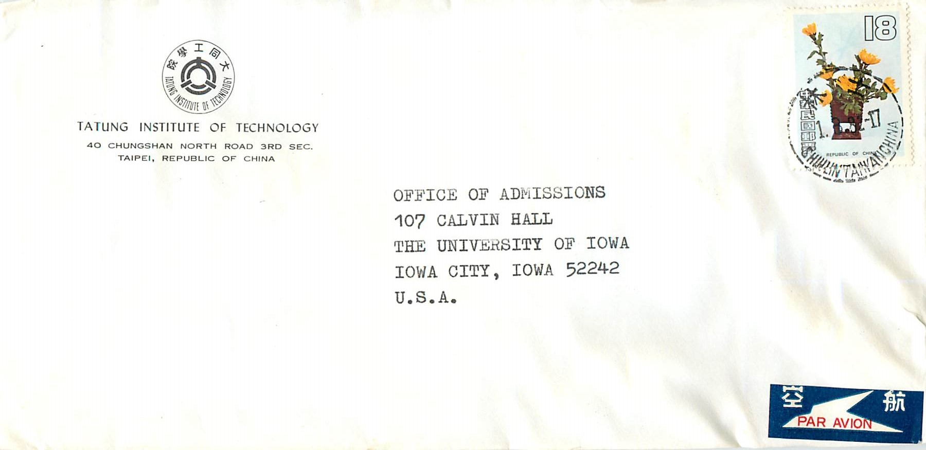 Lettre Cover for University of Iowa Chine