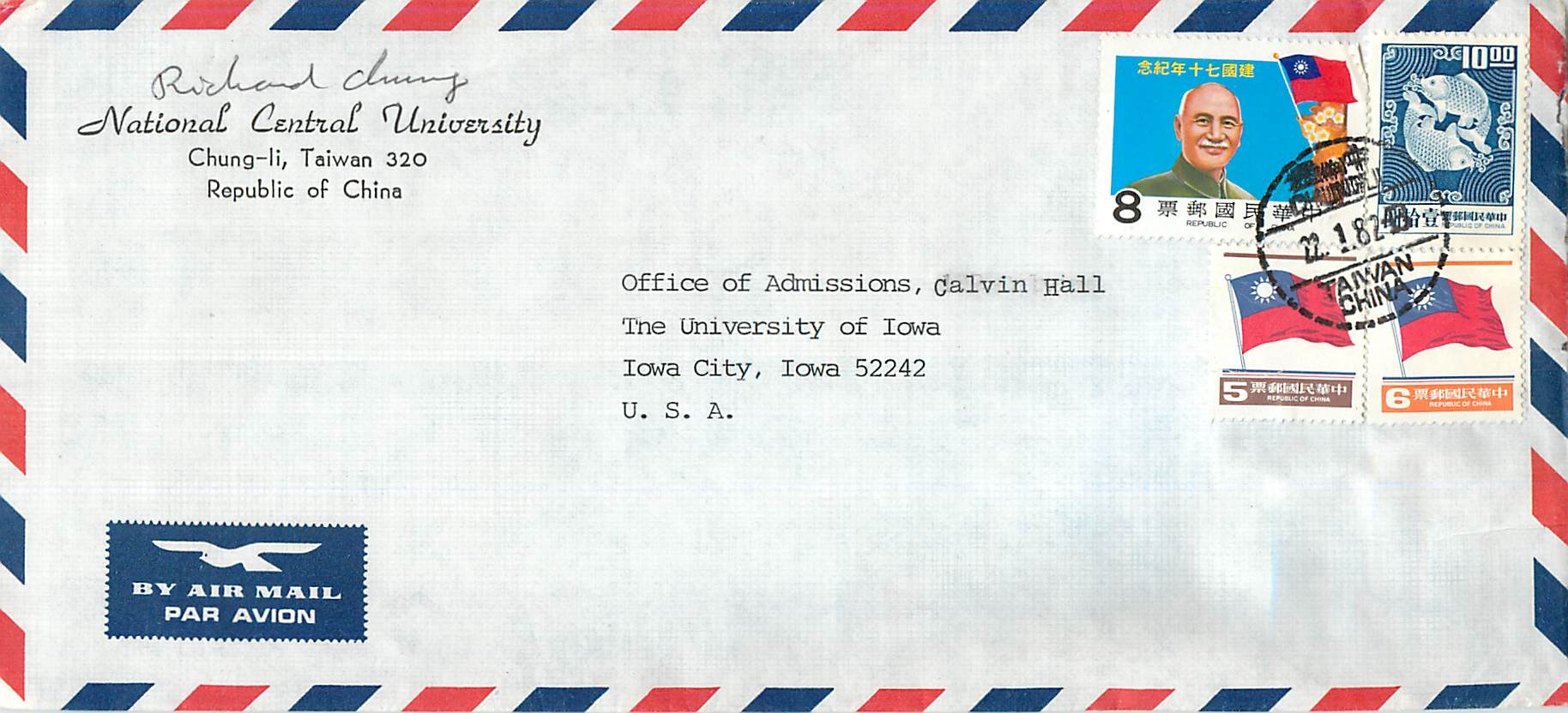Lettre Cover for University of Iowa Chine