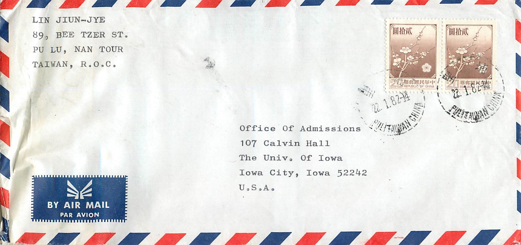Lettre Cover for University of Iowa Chine