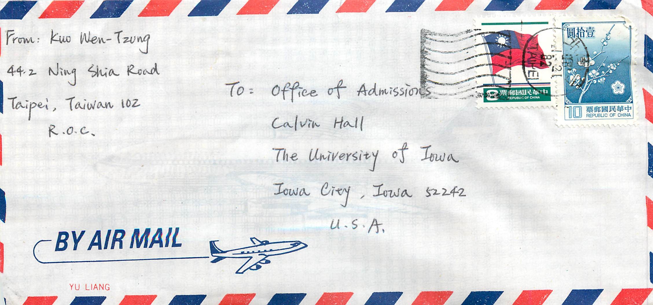 Lettre Cover Chine China University Iowa Taipei
