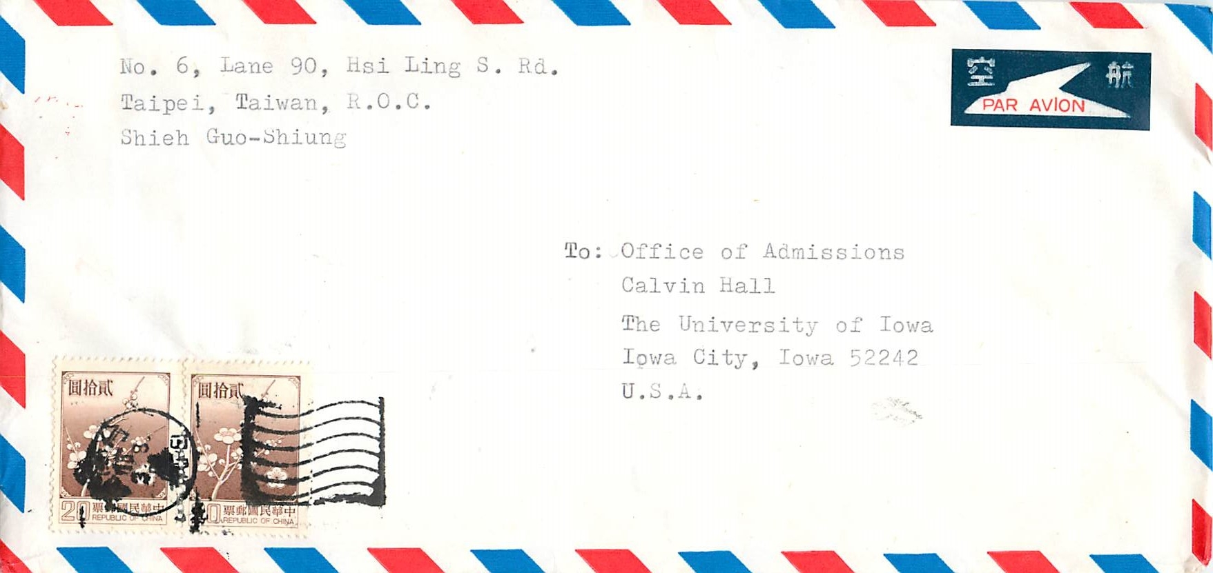 Lettre Cover Chine China University Iowa Taipei