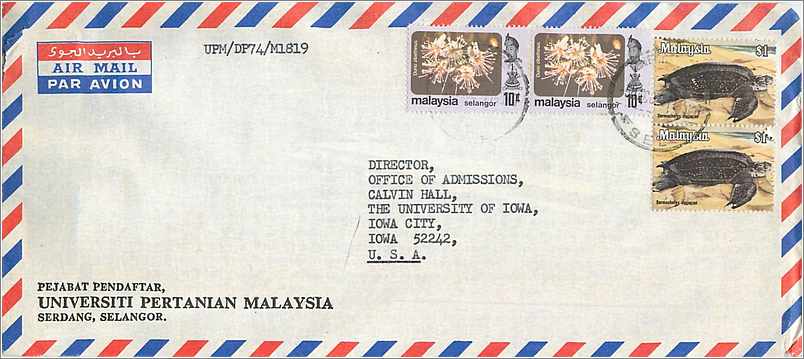 Lettre Cover Malaisie University Iowa Tortue Turtle