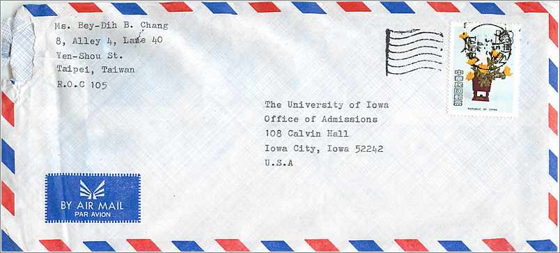 Lettre Cover Chine China University Iowa Taipei