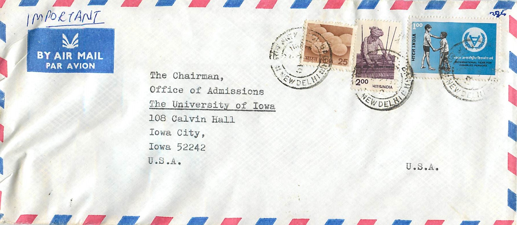 Enveloppe aérienne de l'Inde vers l'Université d'Iowa — New Delhi, 1967