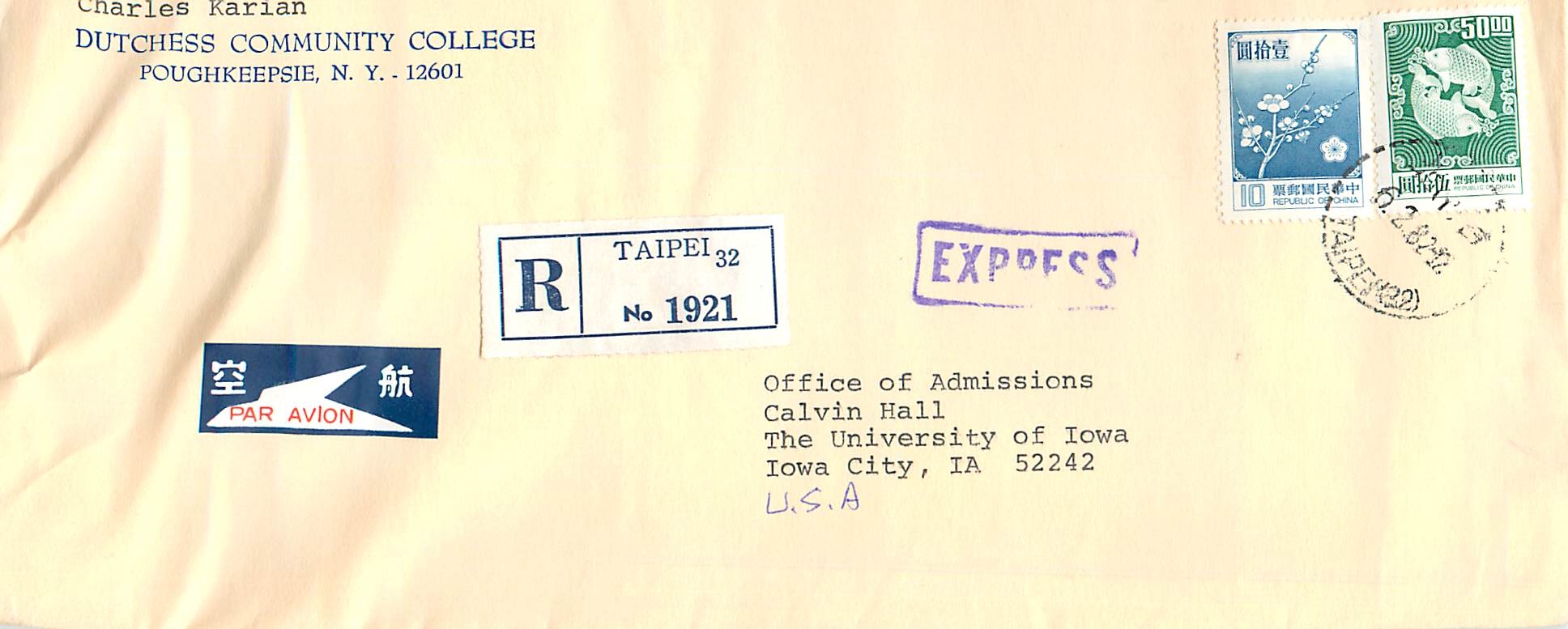 Lettre Cover Chine China University Iowa Taipei 