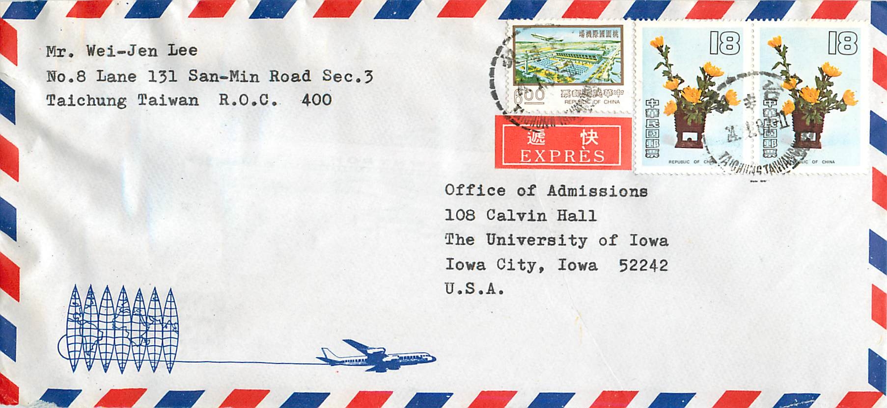 Lettre Cover Chine China University Iowa Taipei 
