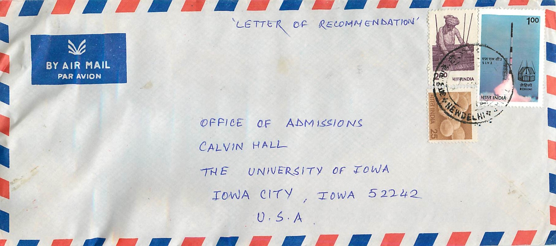Lettre de recommandation — Université d'Iowa — envoyée de New Delhi