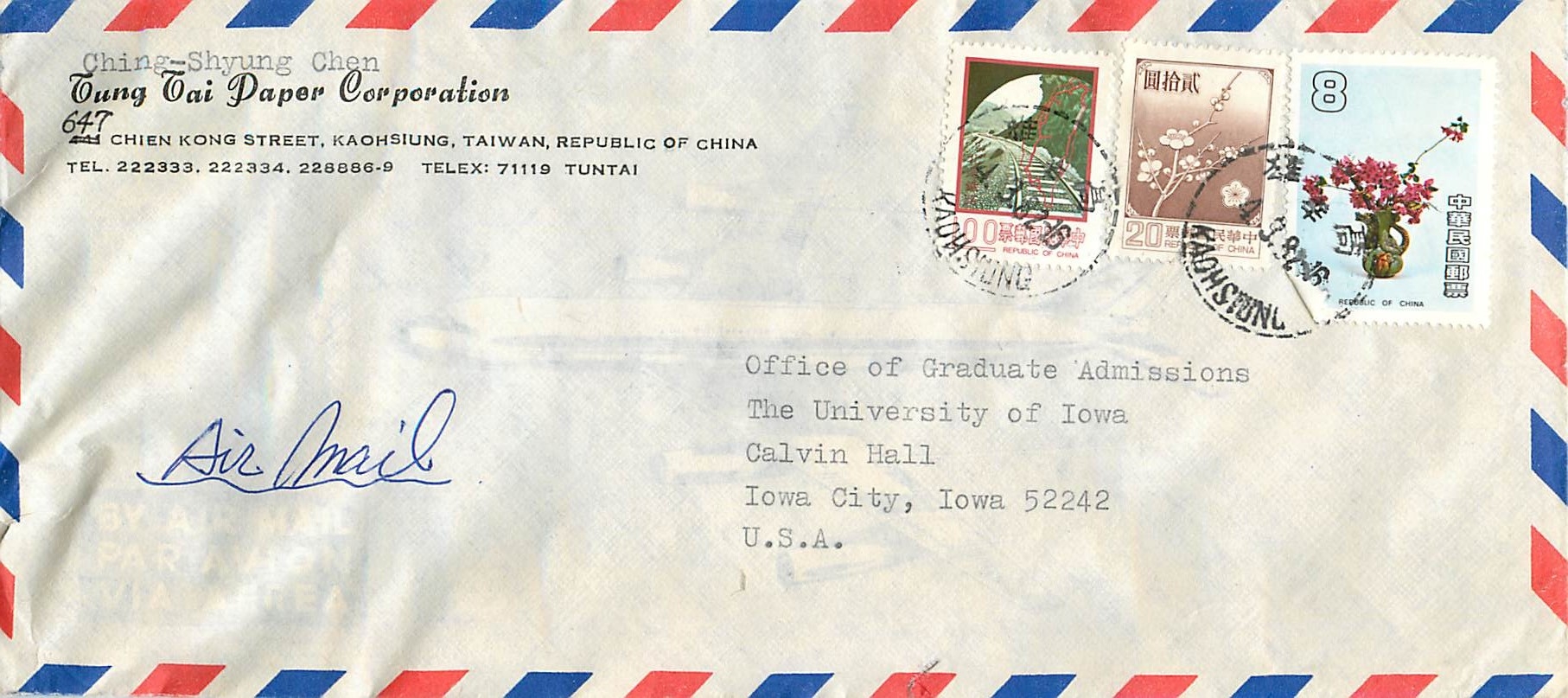 Lettre Cover Chine China University Iowa Taipei Tung Tai Paper Corporation