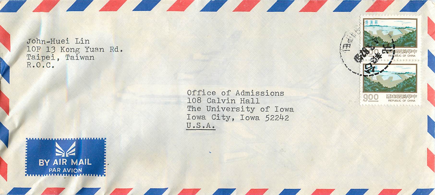Lettre Cover Chine China University Iowa Taipei 