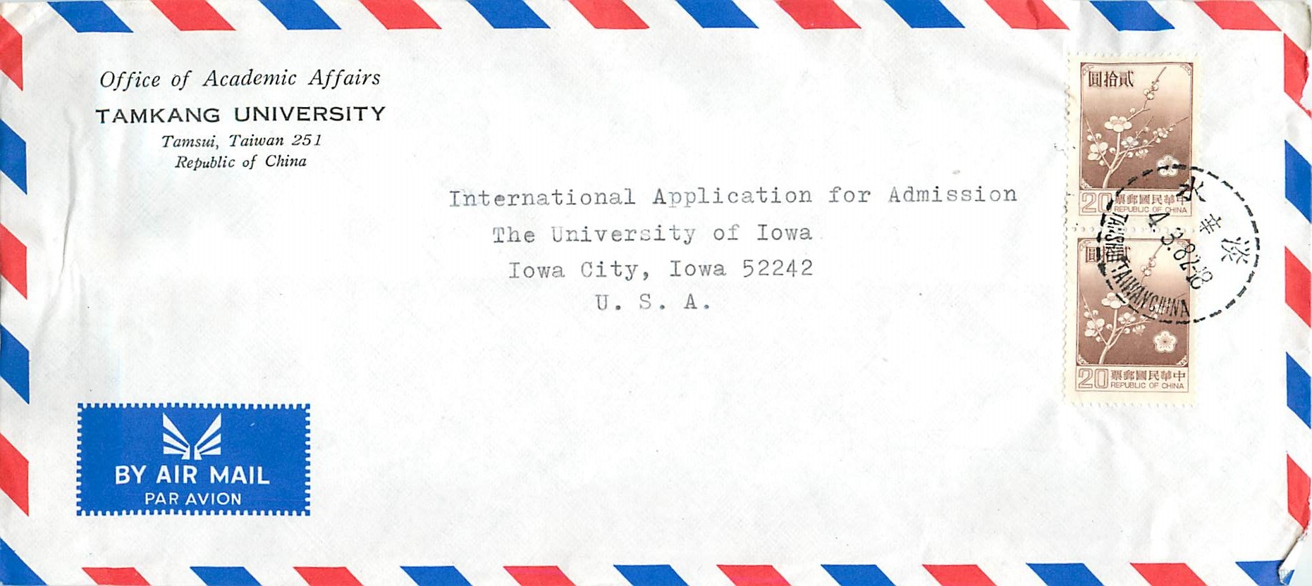 Lettre Cover Chine China University Iowa Taipei Tamkang