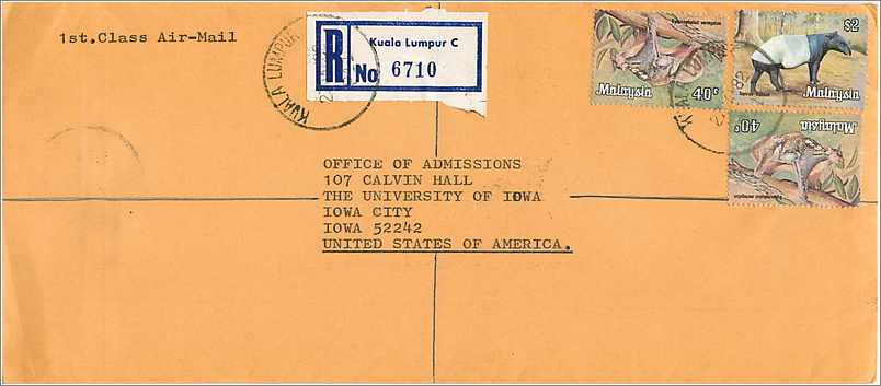 Lettre Cover Malaisie University Iowa 