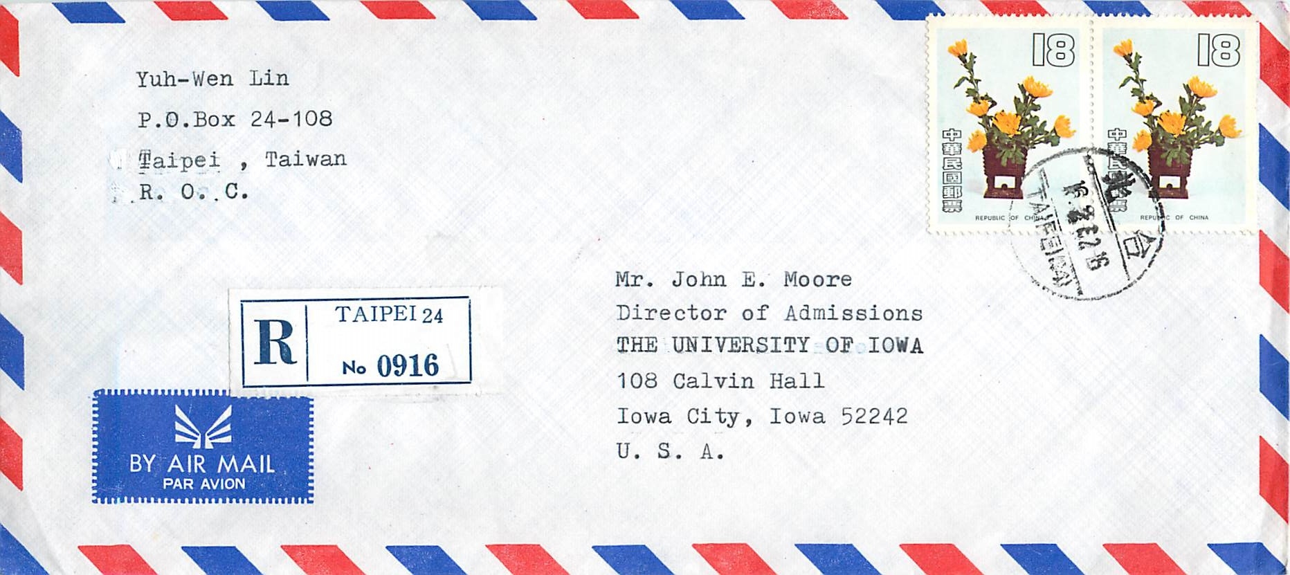 Lettre Cover Chine China University Iowa Taipei 