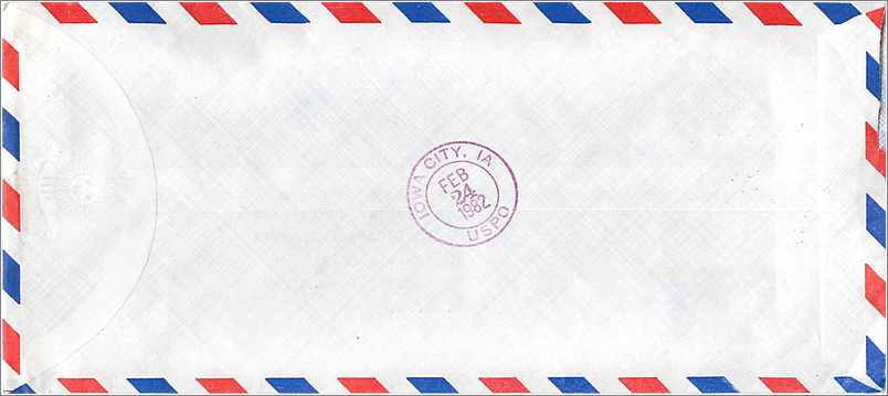 Lettre Cover Chine China University Iowa Taipei  — Rückseite