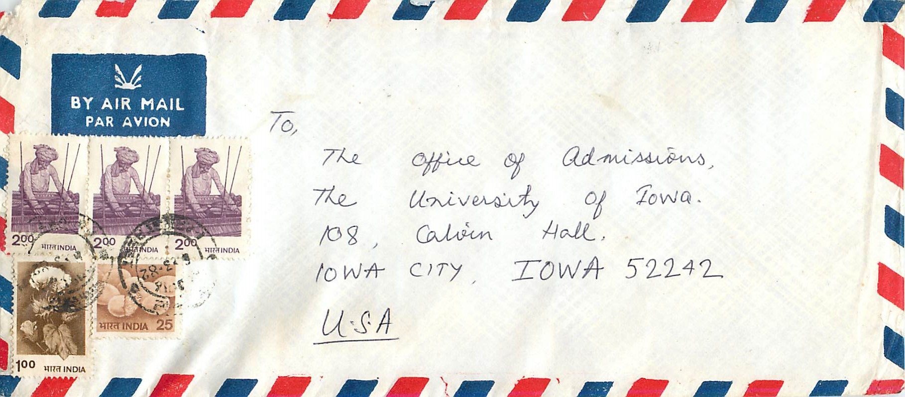 Lettre Cover Inde India University Iowa 