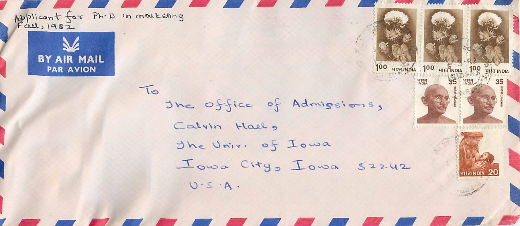 Lettre Cover Inde India University Iowa Gandhi