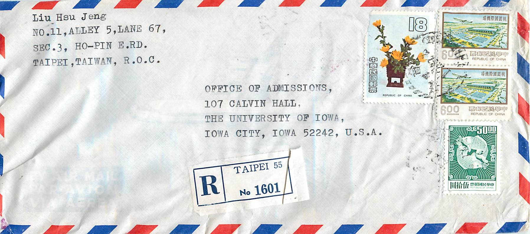 Lettre Cover Chine China University Iowa Taipei 