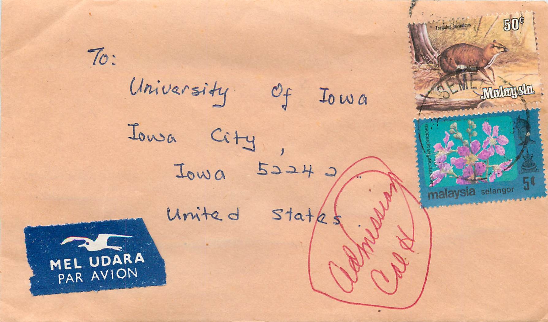 Lettre Cover Malaisie University Iowa  