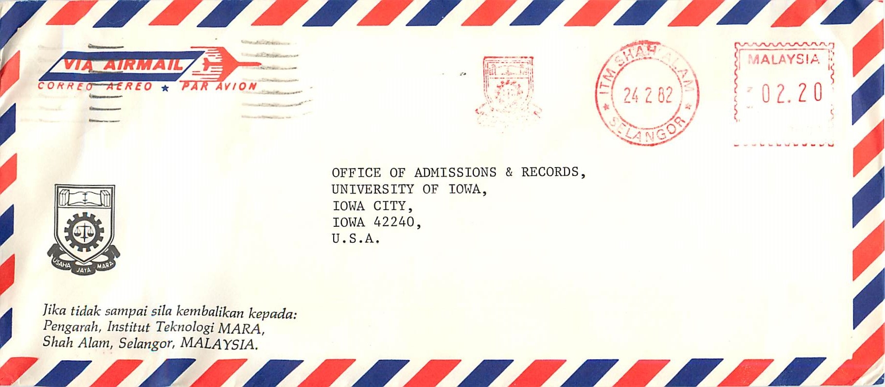 Lettre Cover Malaisie University Iowa  Selangor