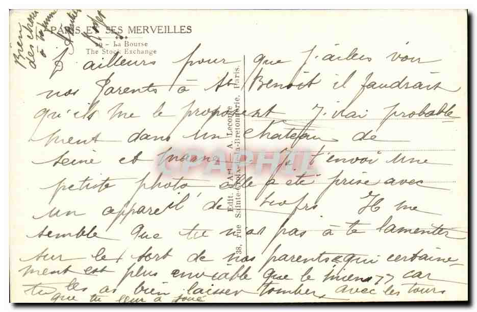 Paris CPA La Bourse — Verso