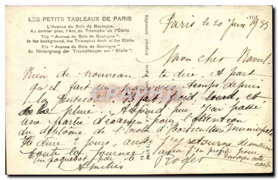 Paris CPA Avenue du Bois de Boulogne Arc de triomphe  — Verso