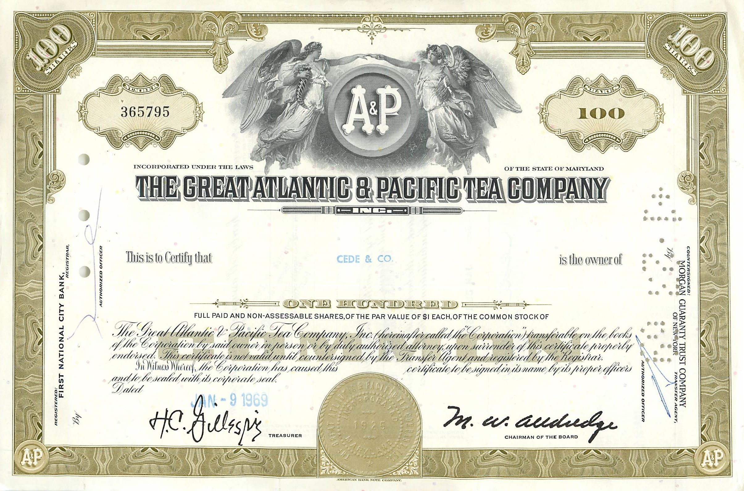 Certificado de 100 acciones de la Great Atlantic & Pacific Tea Company — editor First National City Bank, n° 365795