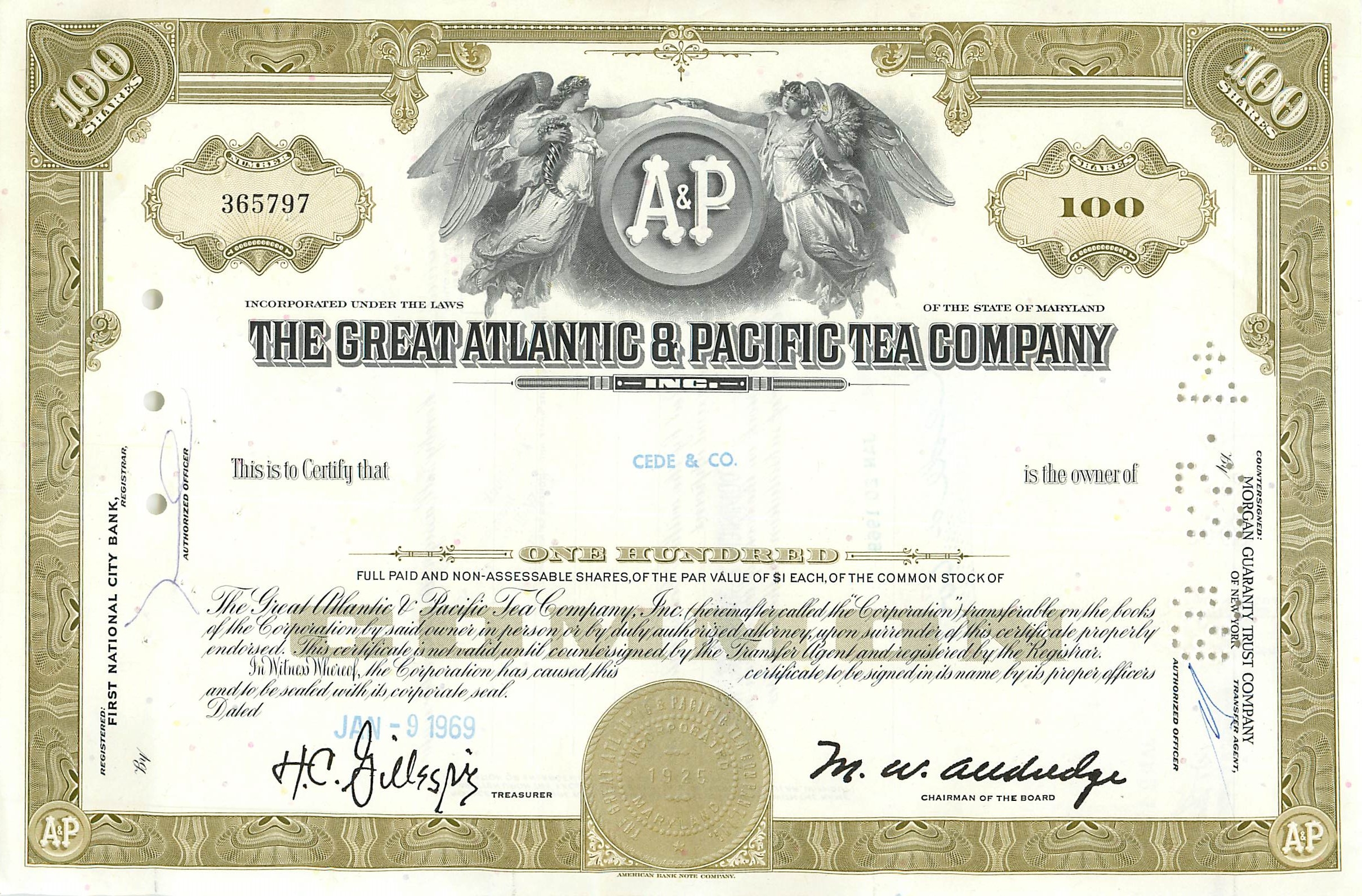 Certificat d'actions de la Great Atlantic & Pacific Tea Company — 100 actions — éditeur Morgan Guaranty Trust Company