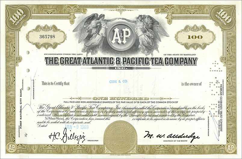 Certyfikat 100 akcji Great Atlantic & Pacific Tea Company — wydawca First National City Bank