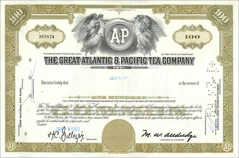 Acción de la Great Atlantic & Pacific Tea Company — 100 acciones — editor First National City Bank