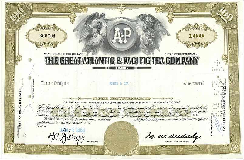 Action de la Great Atlantic & Pacific Tea Company — 100 actions — éditeur First National City Bank