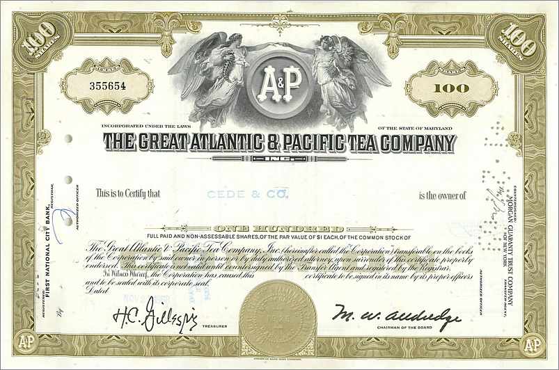Azione della Great Atlantic & Pacific Tea Company — 100 azioni — editore First National City Bank