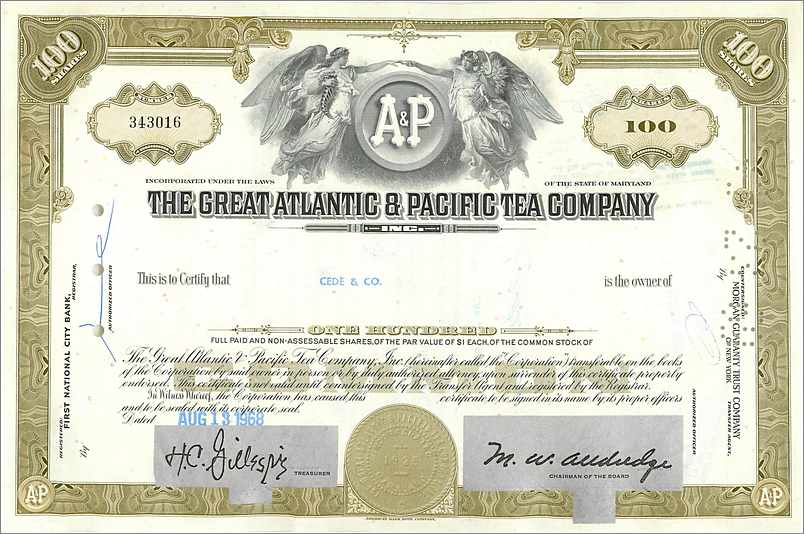 Certificaat van 100 aandelen van de Great Atlantic & Pacific Tea Company — uitgever First National City Bank, n° 343016