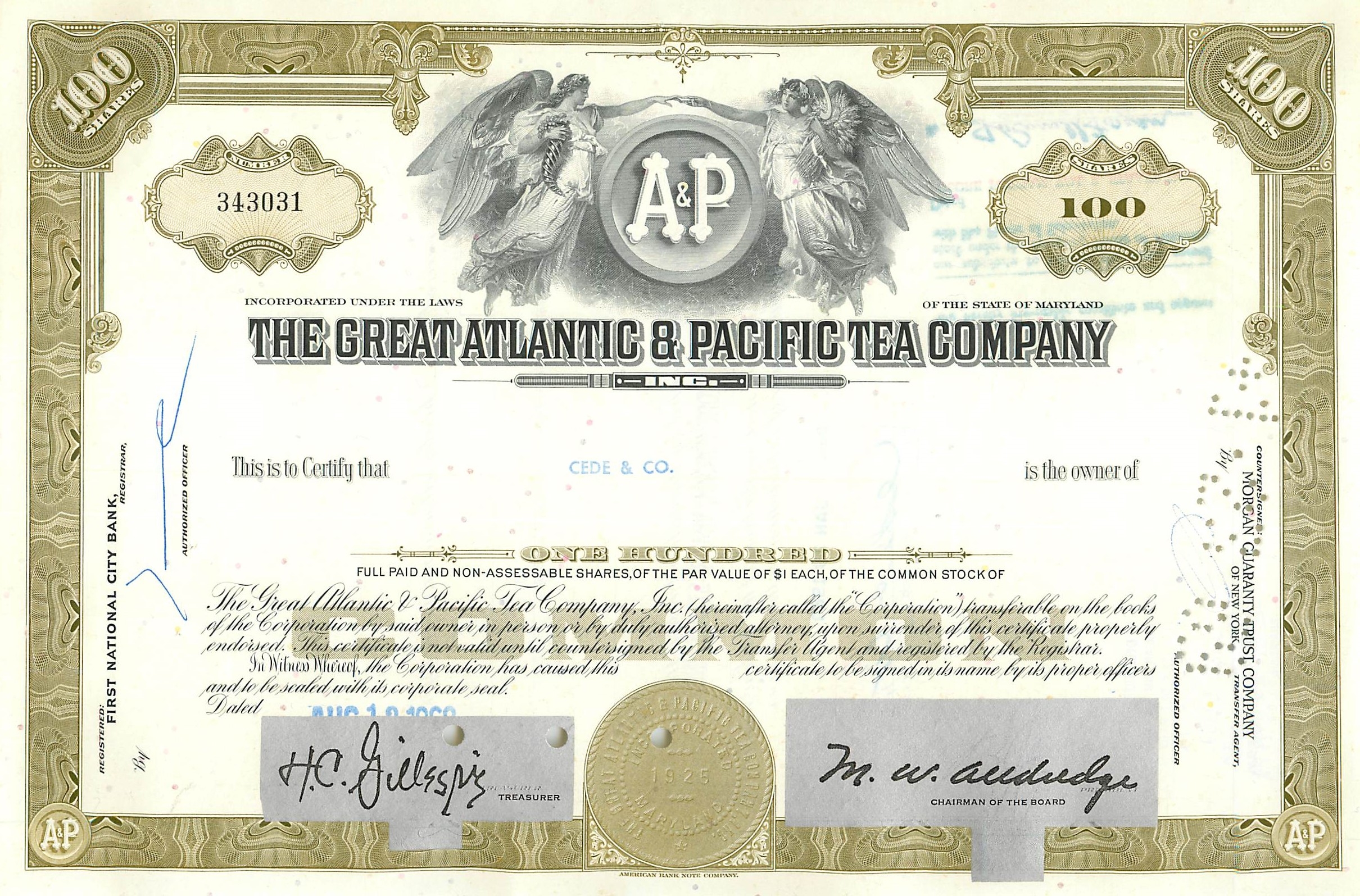 Action de la Great Atlantic & Pacific Tea Company — 100 actions — éditeur Morgan Guaranty Trust Company
