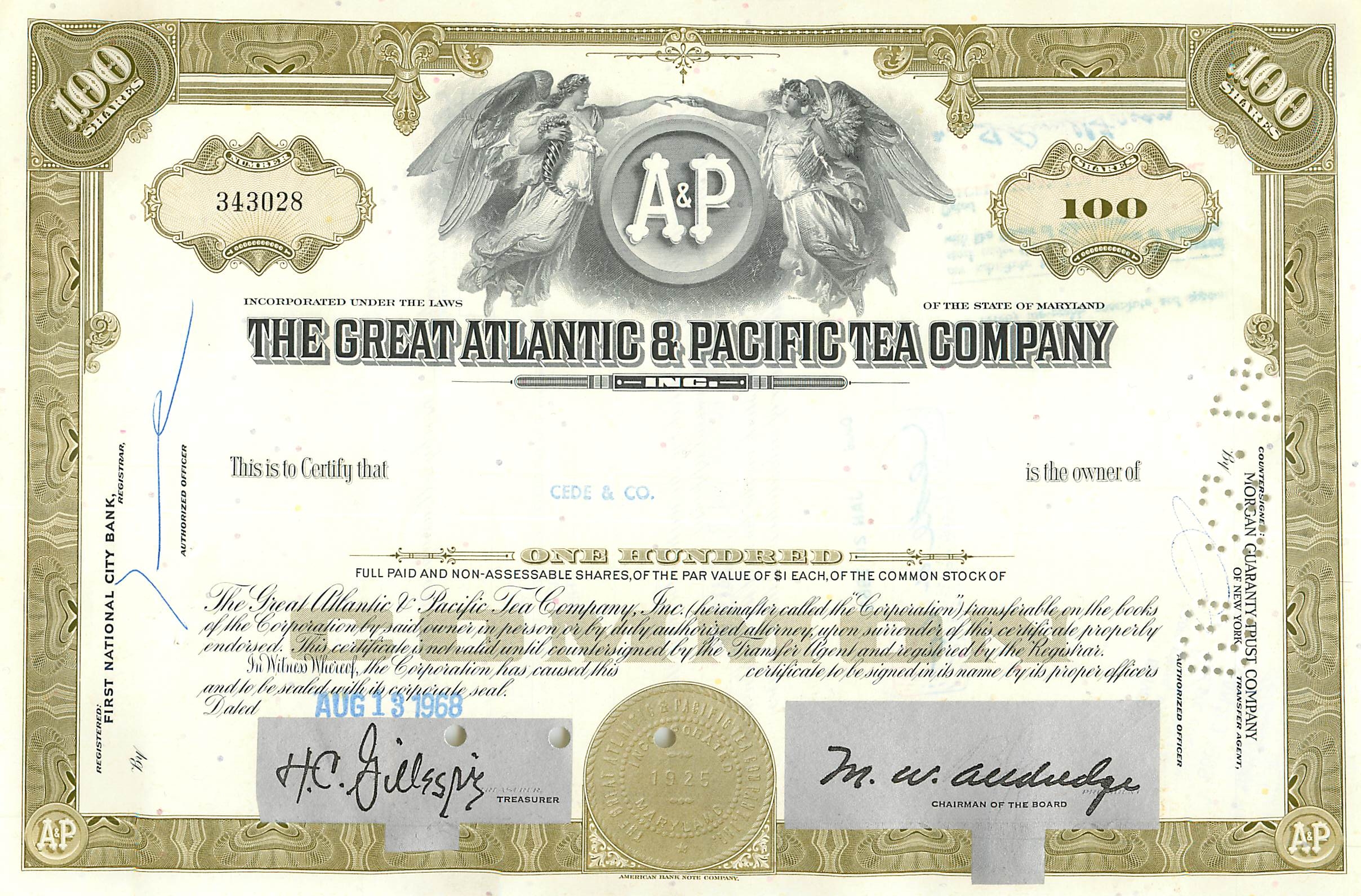 Acción de la Great Atlantic & Pacific Tea Company — 100 acciones — editor Morgan Guaranty Trust Company