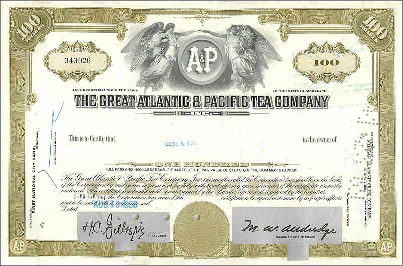 Action de la Great Atlantic & Pacific Tea Company — 100 actions — éditeur : First National City Bank
