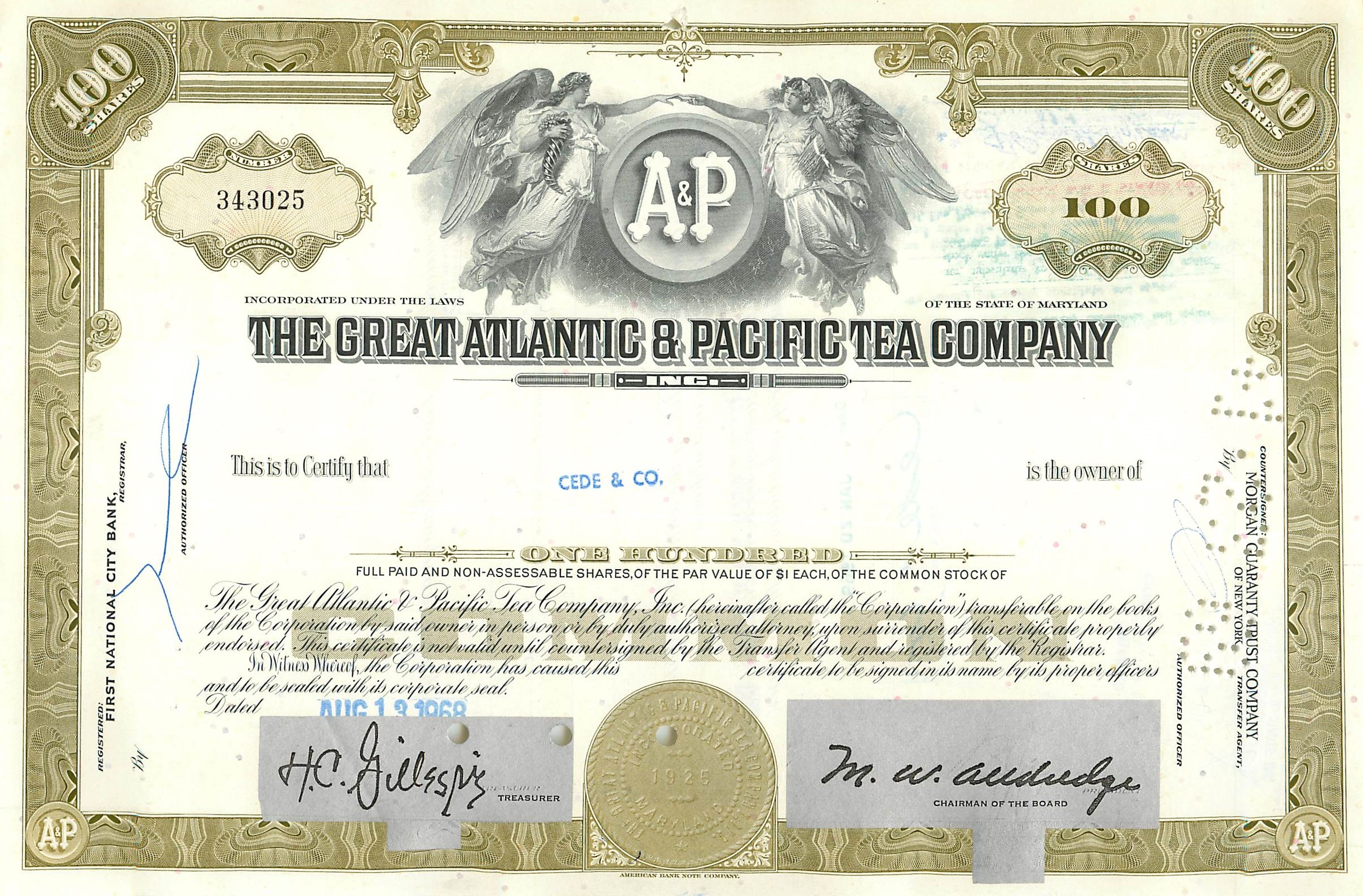 Action della Great Atlantic & Pacific Tea Company — 100 azioni — editore American Bank Note Company