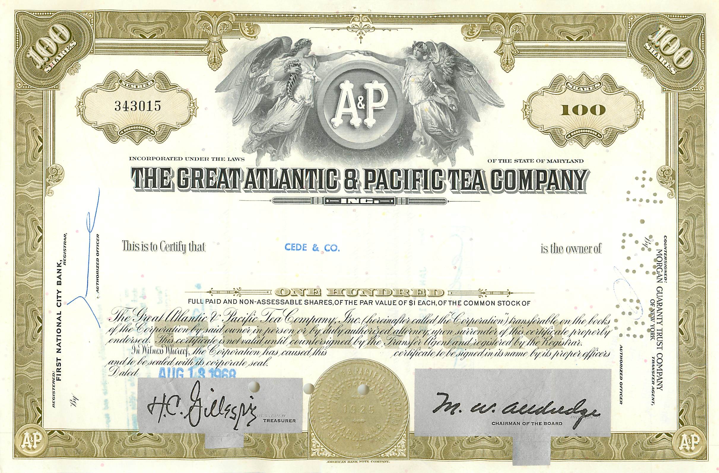 Certificat d'actions de la Great Atlantic & Pacific Tea Company — 100 actions — éditeur Morgan Guaranty Trust Company