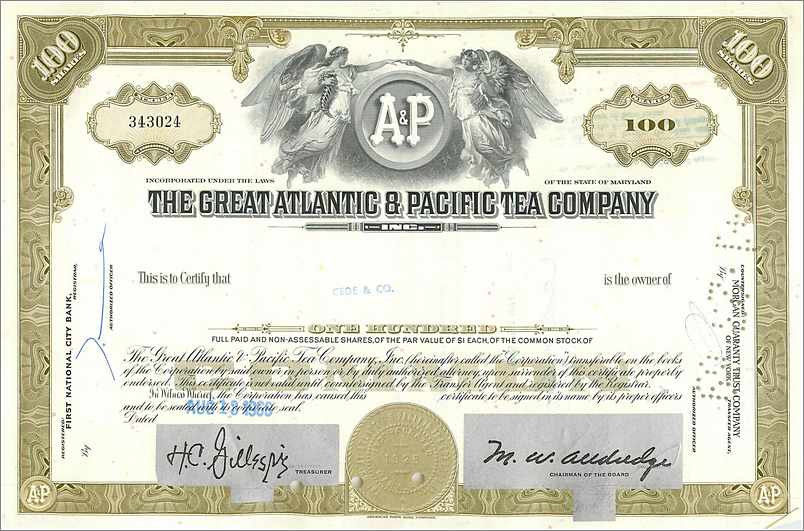 Action de la Great Atlantic & Pacific Tea Company — 100 actions — éditeur First National City Bank