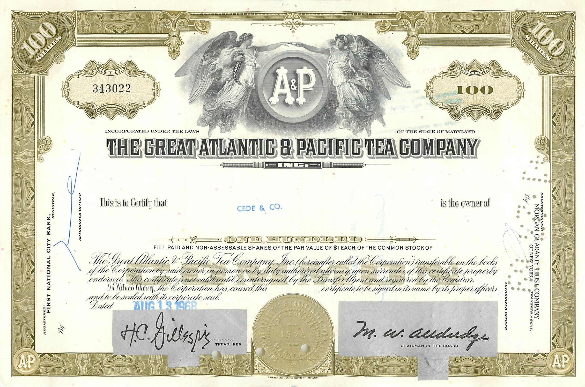 Azione della Great Atlantic & Pacific Tea Company — 100 azioni — editore Morgan Guaranty Trust Company