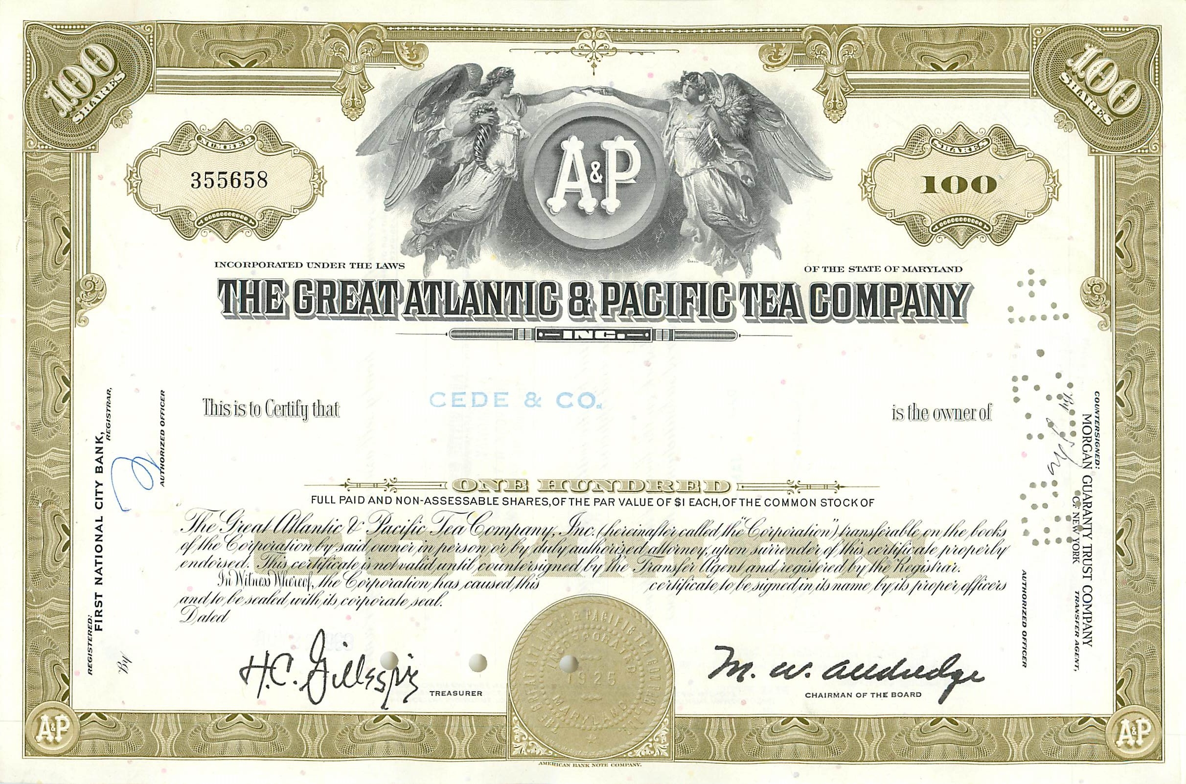 Action de la Great Atlantic & Pacific Tea Company — 100 actions — éditeur Morgan Guaranty Trust Company