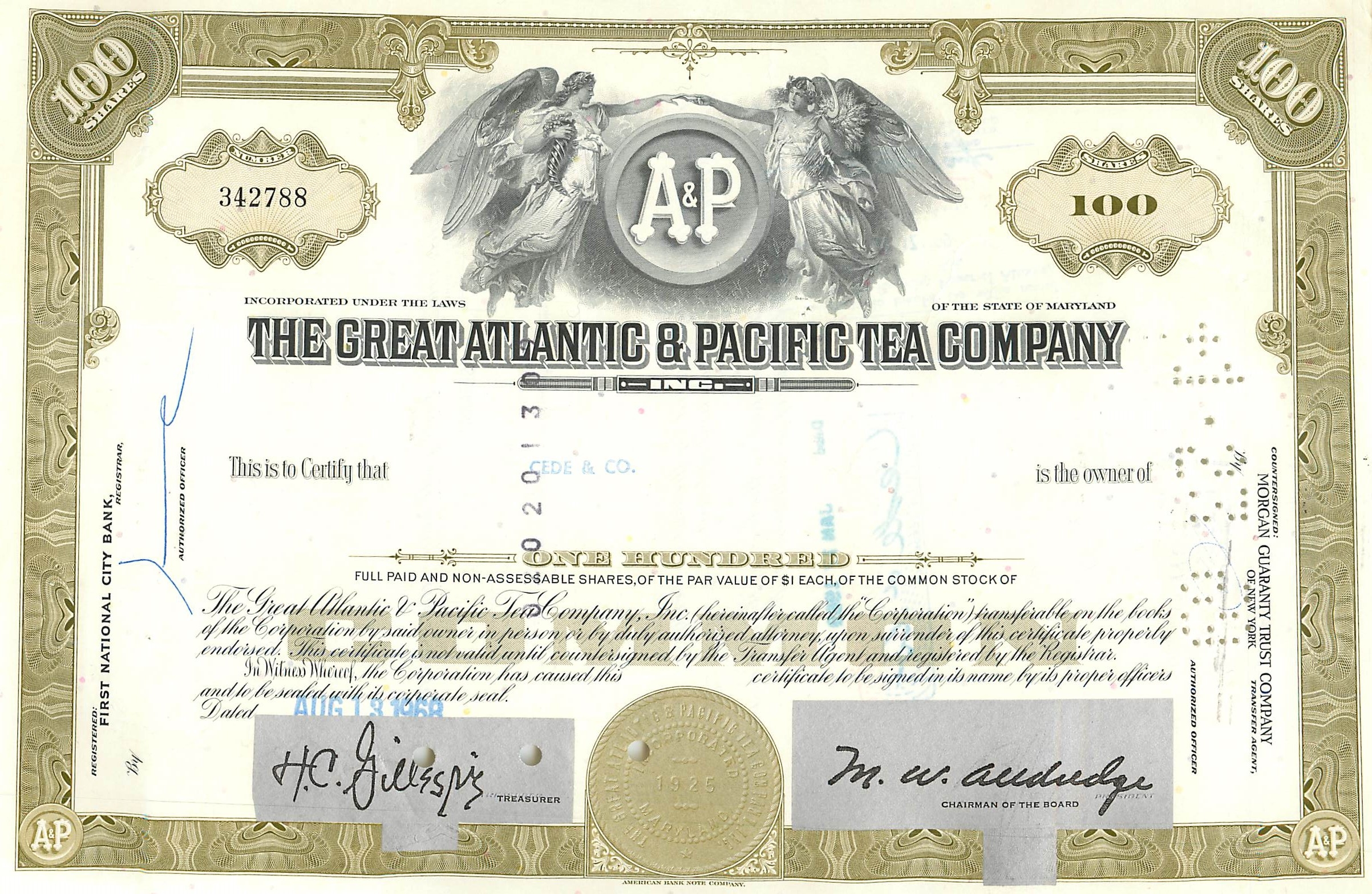 Certificat de 100 actions de la Great Atlantic & Pacific Tea Company — éditeur Morgan Guaranty Trust Company