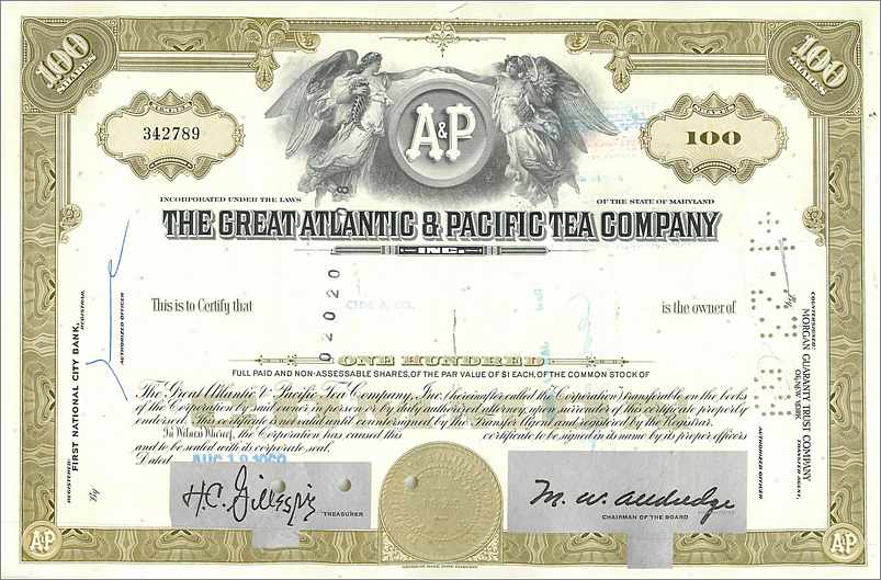 Action de la Great Atlantic & Pacific Tea Company — 100 actions — éditeur : First National City Bank