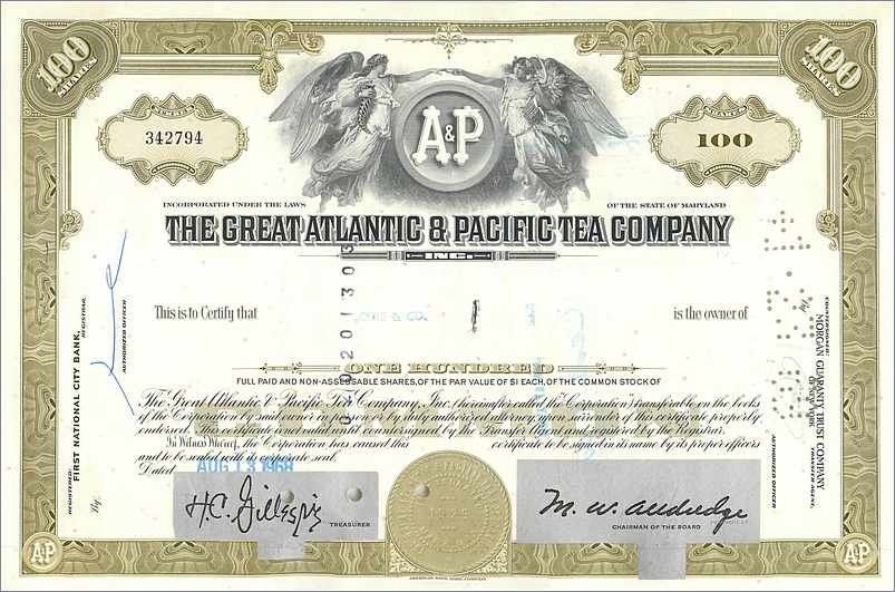 Action de la Great Atlantic & Pacific Tea Company — 100 actions — éditeur First National City Bank