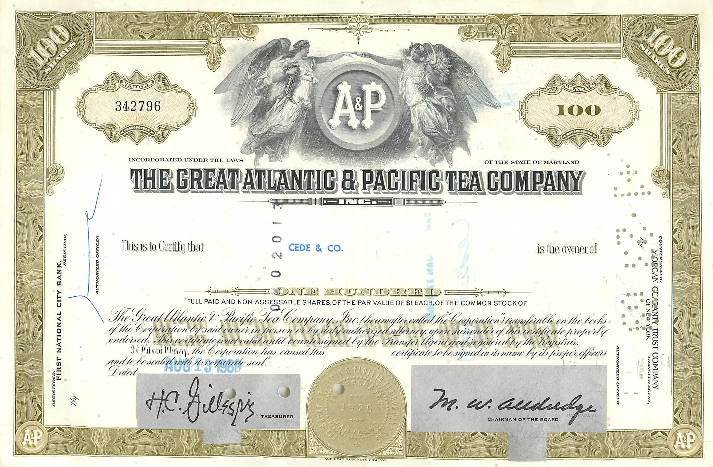 Action de la Great Atlantic & Pacific Tea Company — 100 actions — éditeur Morgan Guaranty Trust Company