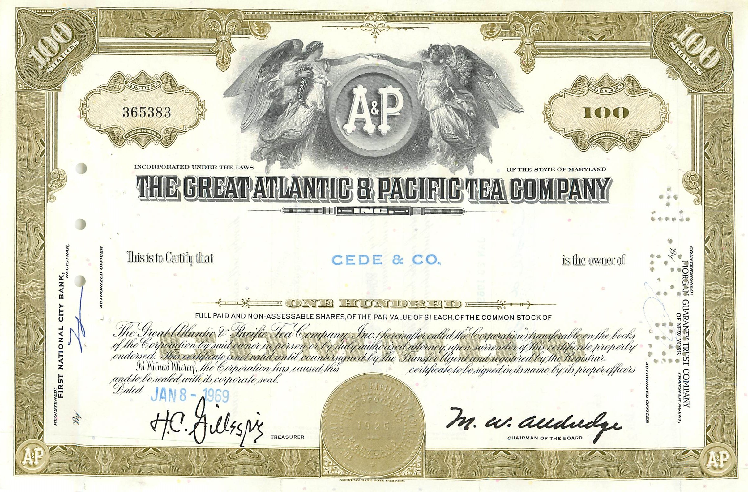 Aktie der Great Atlantic & Pacific Tea Company — 100 Aktien — Verlag American Bank Note Company