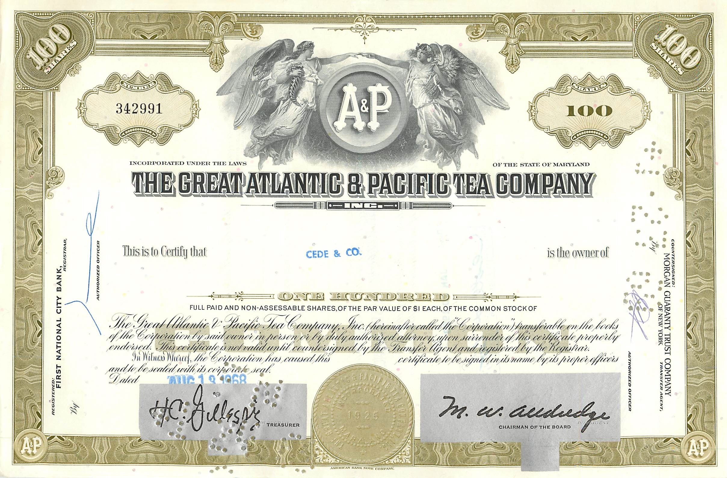 Action della Great Atlantic & Pacific Tea Company — 100 azioni — editore: American Bank Note Company