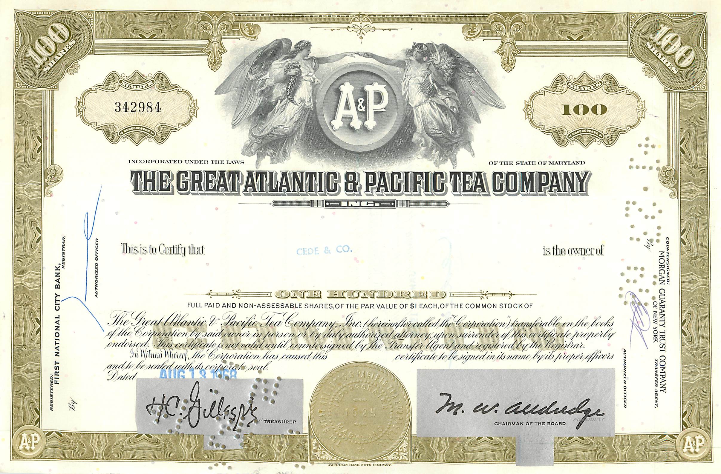 Certificaat van 100 aandelen van de Great Atlantic & Pacific Tea Company — uitgever Morgan Guaranty Trust Company